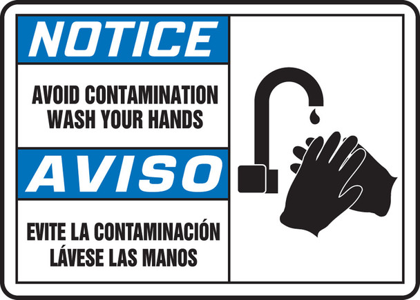 Bilingual ANSI Notice Safety Sign: Avoid Contamination - Wash Your Hands (Graphic) 10" x 14" Dura-Plastic 1/Each - SBMCHL811MXT