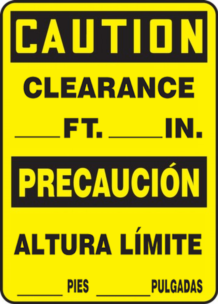 Bilingual OSHA Caution Safety Sign: Clearance Ft. In. Bilingual - Spanish/English 20" x 14" Aluminum 1/Each - SBMECR636VA