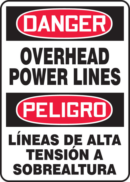 Bilingual OSHA Danger Safety Sign: Overhead Power Lines 20" x 14" Adhesive Vinyl 1/Each - SBMELC147VS