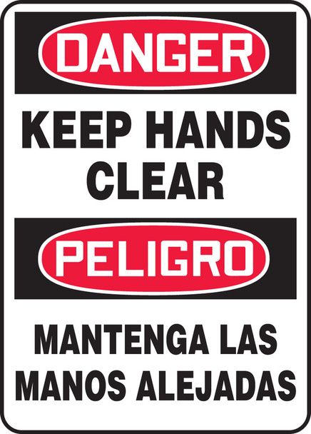 Bilingual OSHA Danger Safety Sign - Keep Hands Clear 14" x 10" Dura-Plastic 1/Each - SBMEQM050XT