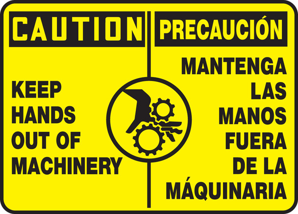 Bilingual OSHA Caution Safety Sign - Keep Hands Out Of Machinery 10" x 14" Aluminum 1/Each - SBMEQT603MVA