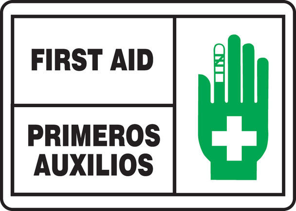 Bilingual ANSI ISO Safety Sign: First Aid (English, Español) 10" x 14" Adhesive Dura-Vinyl 1/Each - SBMFSD566MXV