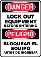 Spanish Bilingual OSHA Danger Safety Sign: Lock Out Equipment Before Entering 20" x 14" Accu-Shield 1/Each - SBMLKT025XP
