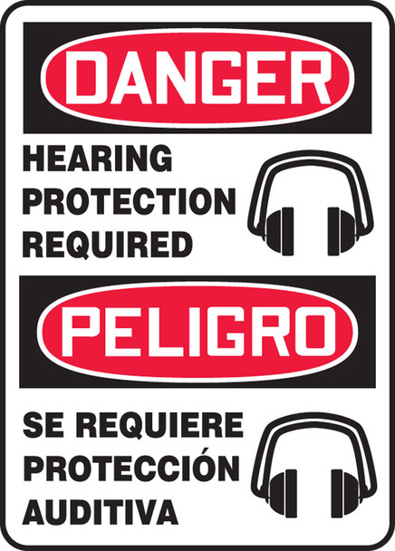 Bilingual OSHA Danger Safety Sign: Hearing Protection Required Bilingual - Spanish/English 14" x 10" Adhesive Dura-Vinyl 1/Each - SBMPPA023XV
