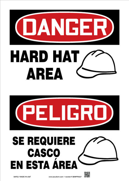 Bilingual OSHA Danger Safety Sign: Hard Hat Area (Graphic) 14" x 10" Adhesive Dura-Vinyl 1/Each - SBMPPA027XV