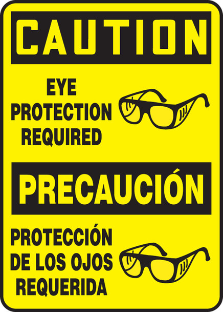 Bilingual Spanish OSHA Caution Safety Sign: Eye Protection Required 20" x 14" Plastic 1/Each - SBMPPA664VP