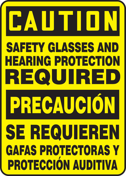 Bilingual Spanish Caution Safety Sign: Safety Glasses And Hearing Protection Required 14" x 10" Aluminum 1/Each - SBMPPE634VA