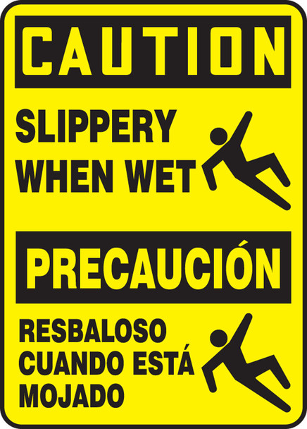Bilingual OSHA Caution Safety Sign: Slippery When Wet 14" x 10" Dura-Plastic 1/Each - SBMSTF674XT