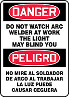 Spanish Bilingual OSHA Danger Safety Sign: Do Not Watch Arc - Welder At Work - The Light May Blind You 14" x 10" Adhesive Dura-Vinyl 1/Each - SBMWLD010XV