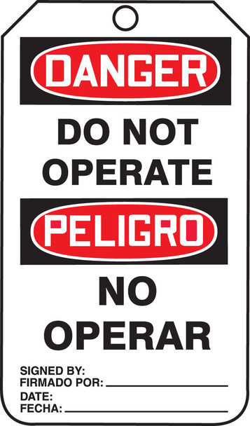 Bilingual OSHA Danger Safety Tag: Do Not Operate 4 1/4" x 2 1/8" RP-Plastic 25/Pack - SBTAM101PTP