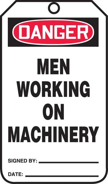 OSHA Danger Safety Tags: Men Working On Machinery Spanish Standard Back B PF-Cardstock 5/Pack - SHMDT244CTM