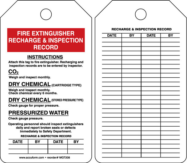 Fire Extinguisher Tag: Fire Extinguisher Recharge & Inspection Record Spanish RP-Plastic 5/Pack - SHMGT208PTM