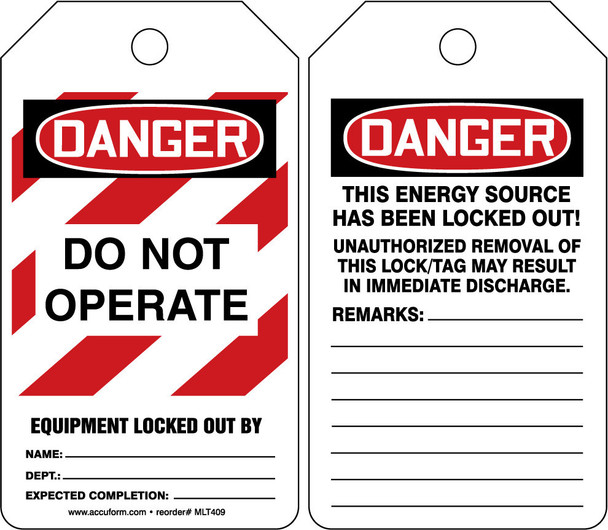 OSHA Danger Lockout Tag: Do Not Operate - Equipment Locked Out By Spanish HS-Laminate 5/Pack - SHMLT409LTM
