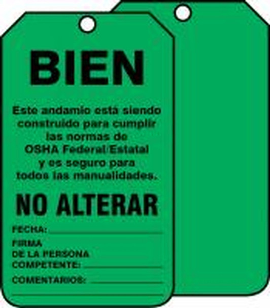 Scaffold Status Safety Tag: OK- Do Not Alter Spanish RP-Plastic 5/Pack - SHTSS103PTM