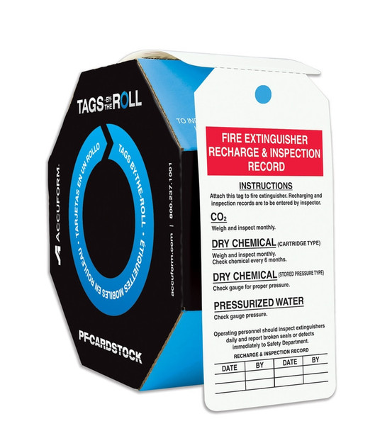 Safety Tags By-The-Roll: Fire Extinguisher Recharge & Inspection Record PF-Cardstock / - TAR710
