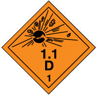 TDG Placard: Hazard Class 1 - Explosives & Blasting Agents (1.1D) 273mm x 273mm (10 3/4" x 10 3/4") Plastic 50/Pack - TCP104VP50