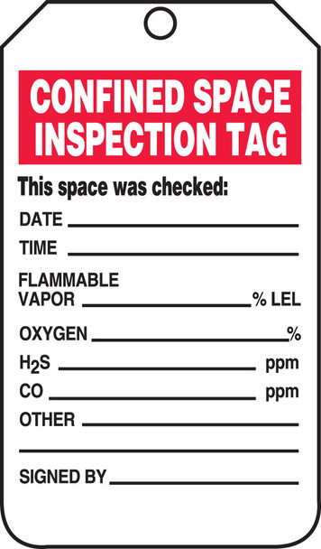 Confined Space Status Safety Tag: Confined Space Inspection Tag PF-Cardstock 5/Pack - TCS321CTM