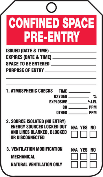 Confined Space Status Safety Tag: Confined Space Pre- Entry RP-Plastic 5/Pack - TCS327PTM