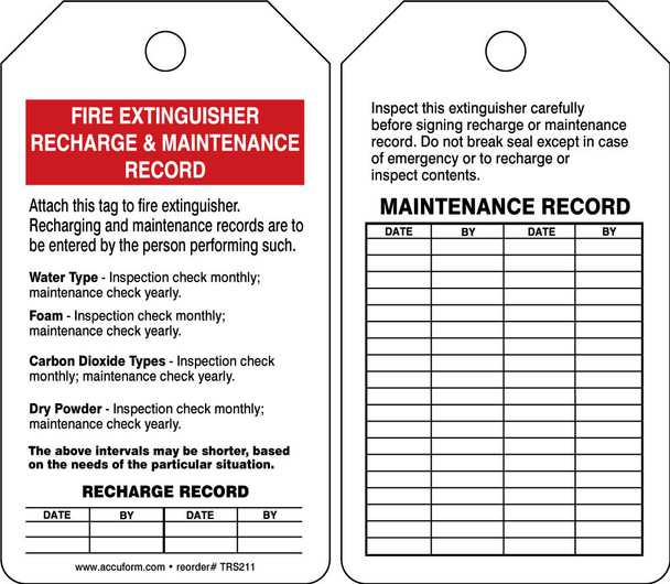 Fire Extinguisher Status Safety Tag: Fire Extinguisher Recharge & Maintenance Record RP-Plastic / - TRS211PTP