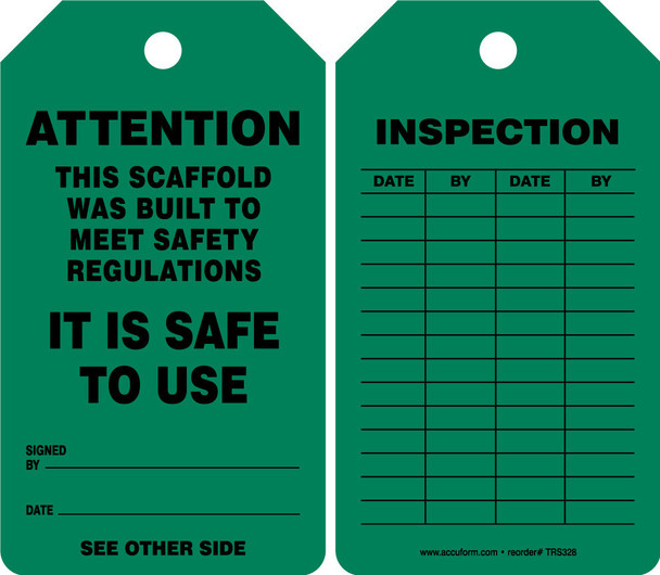 Scaffold Status Safety Tag: Attention- This Scaffold Was Built To Meet Safety Regulations RP-Plastic 5/Pack - TRS328PTM