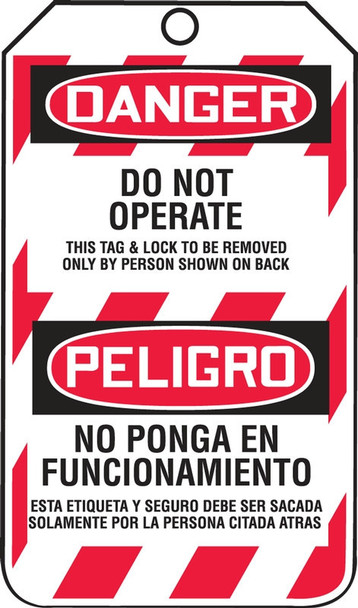 Bilingual OSHA Danger Lockout Tag: Do Not Operate - This Tag & Lock To Be Removed Only By Person Shown On Back PF-Cardstock / - TSP101CTP