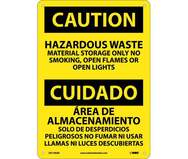 Caution: Hazardous Waste Material Storage Only No Smoking - Open Flames Or Open Lights - Bilingual - 14X10 - .040 Alum - ESC706AB