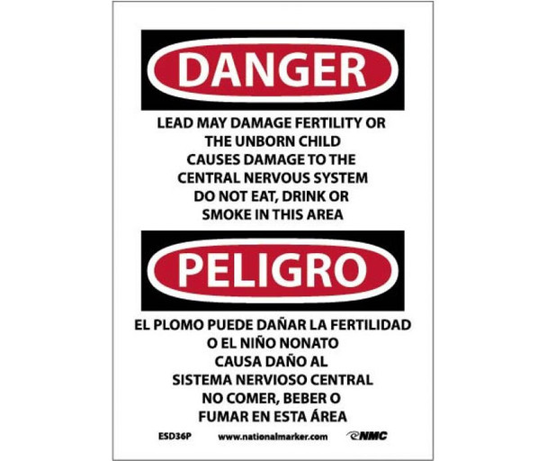 Peligro Lead May Damage Fertility  Do Not Eat - Drink Or Smoke In This Area (Bilingual) - 10 X 7 - PS Vinyl - ESD36P