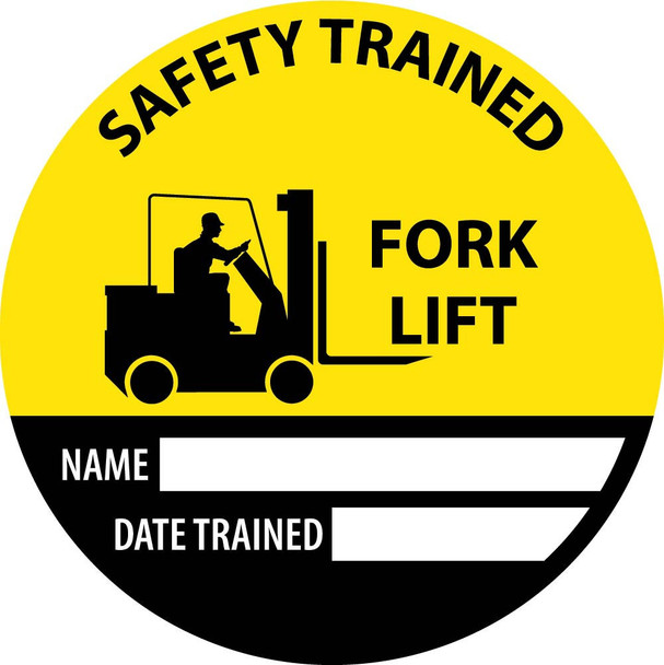 Hard Hat Label - Safety Trained Fork Lift Name Date Trained - 2" Dia - Reflective PS Vinyl - Pack of 25 - HH146R