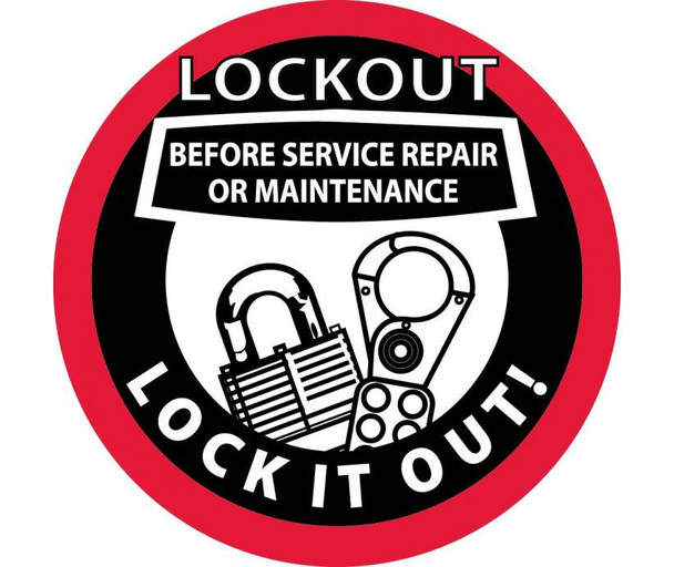 Hard Hat Emblem - Lockout Before Service Repair Or Maintenance Lock It Out - 2 Dia - PS Vinyl - Pack of 25 - HH74