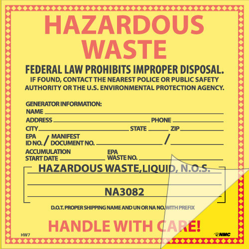 Self-Laminating Labels - Hazardous Waste (For Liquids) - 6X6 - PS Vinyl - Pack of 25 - HW7SL25