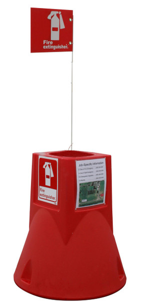Jobsite Caddy W/ 6' White Pole & 10" X 7" Alum. Exting. Sign - 29" X 26" Diameter - 13 Lbs - 11" Deep Well For 5/10/20 Lb Fire Extinguisher - Red - JSC02