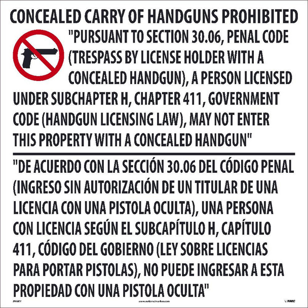 24X24 - Texas Concealed Handgun Prohibited Sign - Clear Vinyl - M460V