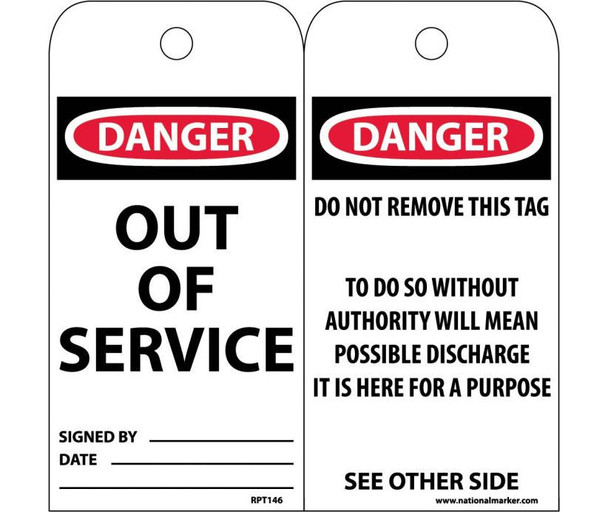 Tags - Danger: Out Of Service - 6X3 - Synthetic Paper - Pack of 25 (Hole) - RPT146ST