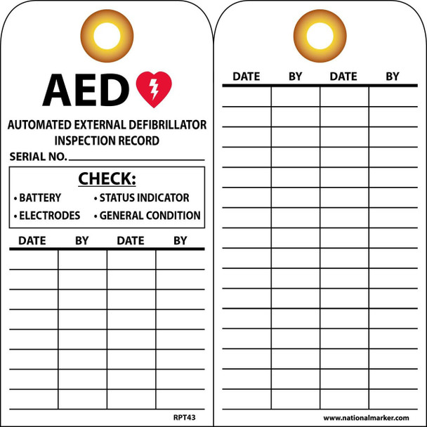 Tags - Aed Inspection Record - 6 X 3 - Unrip Vinyl - Pack of 25 - Grommet - RPT43G