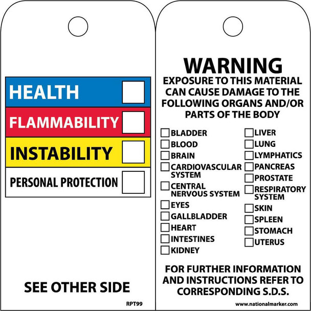 Tags - Hazardous Materials Color Bar - 6X3 - Unrip Vinyl - Pack of 25 - RPT99