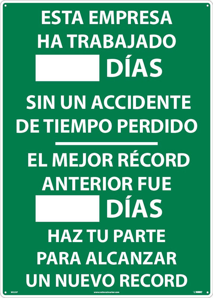 Esta Empresa Ha Trabajado Dias Sin Un Accidente - Write On Scoreboard - 28X20 - .040 Alum - WS2SP