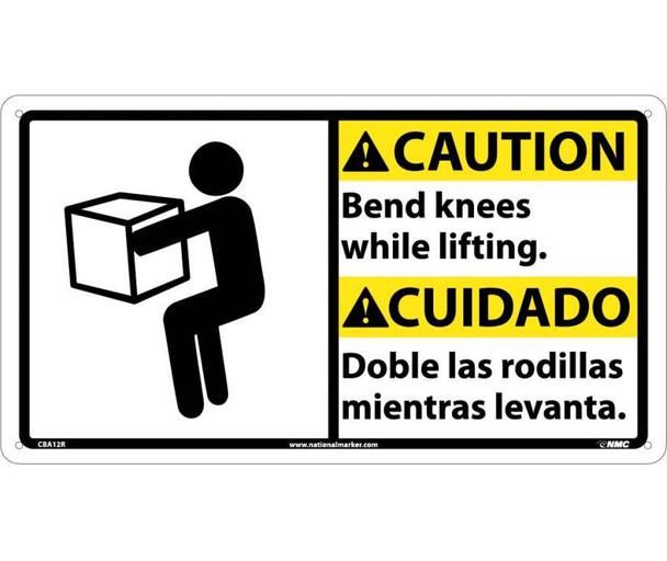 Caution Bend Knees While Lifting (Bilingual W/Graphic) 10X18 Rigid Plastic