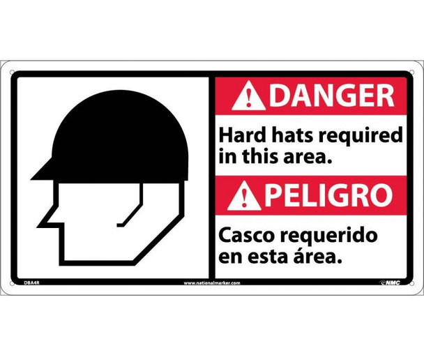 Danger Hard Hats Required In This Area (Bilingual W/Graphic) 10X18 Rigid Plastic
