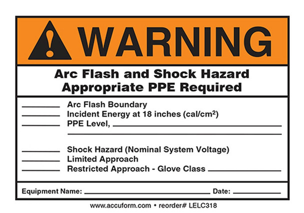 ANSI Warning Electrical Safety Label: Arc Flash And Shock Hazard - Appropriate PPE Required (Form) 7" x 10" Adhesive Dura-Vinyl 1/Each - LELC322