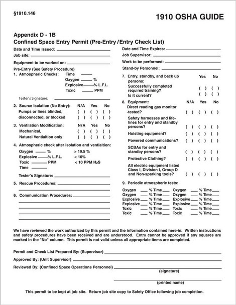 Confined Space Permits: Checklist 8 1/2" x 11" 100/Pack - CBS244