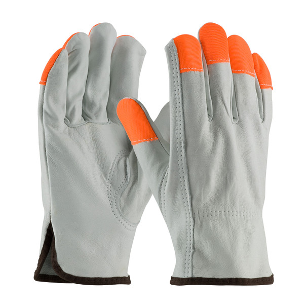 PIP Regular Grade Top Grain Cowhide Leather Drivers Glove w/Hi-Vis Fingertips - Keystone Thumb - Natural - 1/DZ - 68-163HV