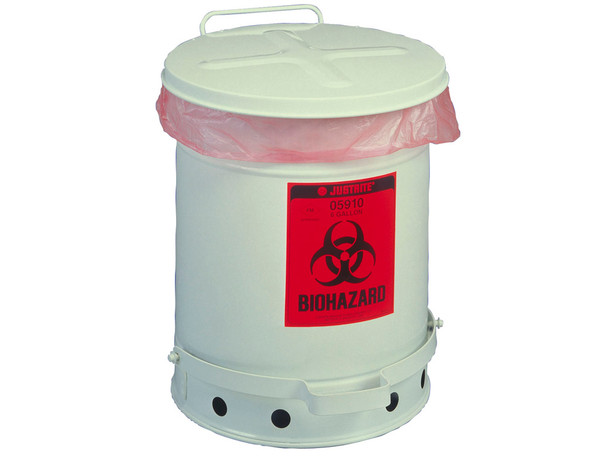 Justrite Biohazard Waste Can - 6 Gallon - Foot-Operated Self-Closing Cover - White - 05910
