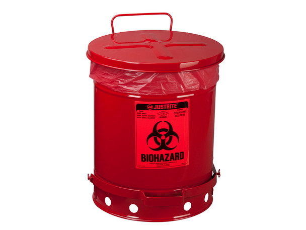 Justrite Biohazard Waste Can - 10 Gallon - Foot-Operated Self-Closing Cover - White - 05930