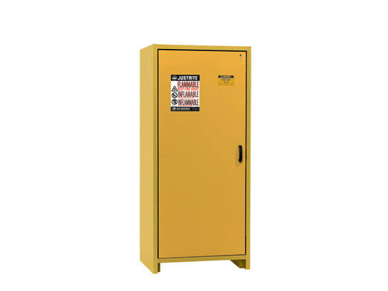 Justrite 30-Minute En Flammable Safety Cabinet - Cap. 30 Gal. - Dims. 34"W - 3 Shelf - 1 Hybrid-Close Door - Yellow - 22601