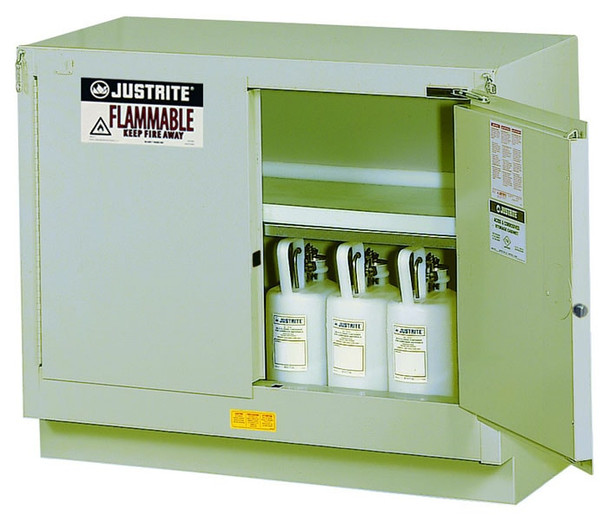 Justrite Under Fume Hood Solvent/Flammable Liquid Safety Cabinet - Cap. 31 Gal. - 1 Shelf - 2 S/C Doors - Silver - 884824