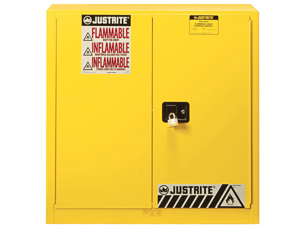 Justrite Sure-Grip Ex Flammable Safety Cabinet - Dims. 35"H - Cap. 30 Gal. - 1 Shelf - 2 M/C Doors - Yellow - 893300