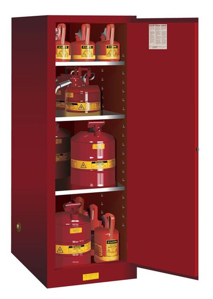 Justrite Sure-Grip Ex Deep Slimline Flammable Safety Cabinet - Cap. 54 Gallons - 3 Shelves - 1 M/C Door - Red - 895401