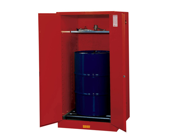 Justrite Sure-Grip Ex Vertical Drum Safety Cabinet And Drum Rollers - Cap. 55 Gal. - 1 Shlf - 2 M/C Doors - Red Red - 896261