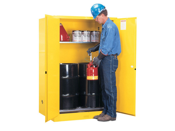 Justrite Sure-Grip Ex Vertical Drum Safety Cabinet And Drum Rollers - Cap. 60 Gal. - 1 Shlf - 2 M/C Doors - Yellow - 899060