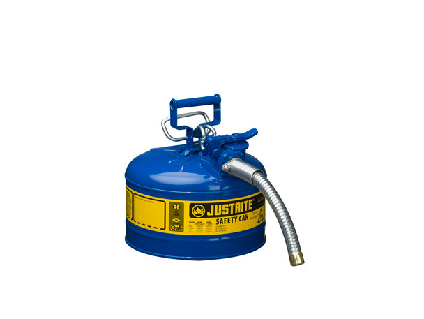 Justrite Type II Accuflow Steel Safety Can For Flammables - 2.5 Gal. - S/S Flame Arrester - 1" Metal Hose - Blue - 7225330